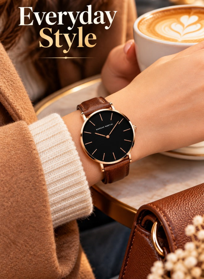 Hannah Martin Women's Leather Strap Watch Black Dial Brown Strap - photo 3