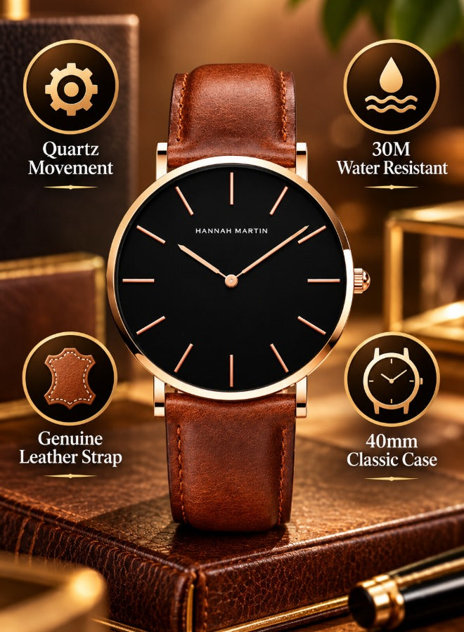 Hannah Martin Women's Leather Strap Watch Black Dial Brown Strap - photo 5