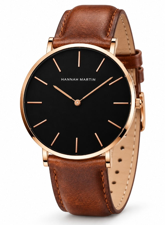 Hannah Martin Women's Leather Strap Watch Black Dial Brown Strap - photo 1