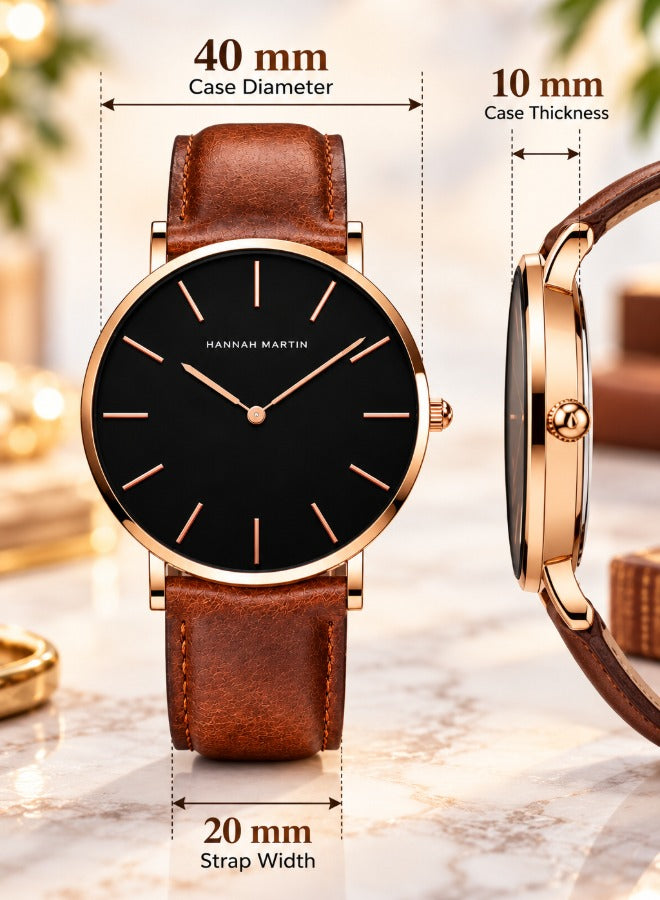 Hannah Martin Women's Leather Strap Watch Black Dial Brown Strap - photo 6
