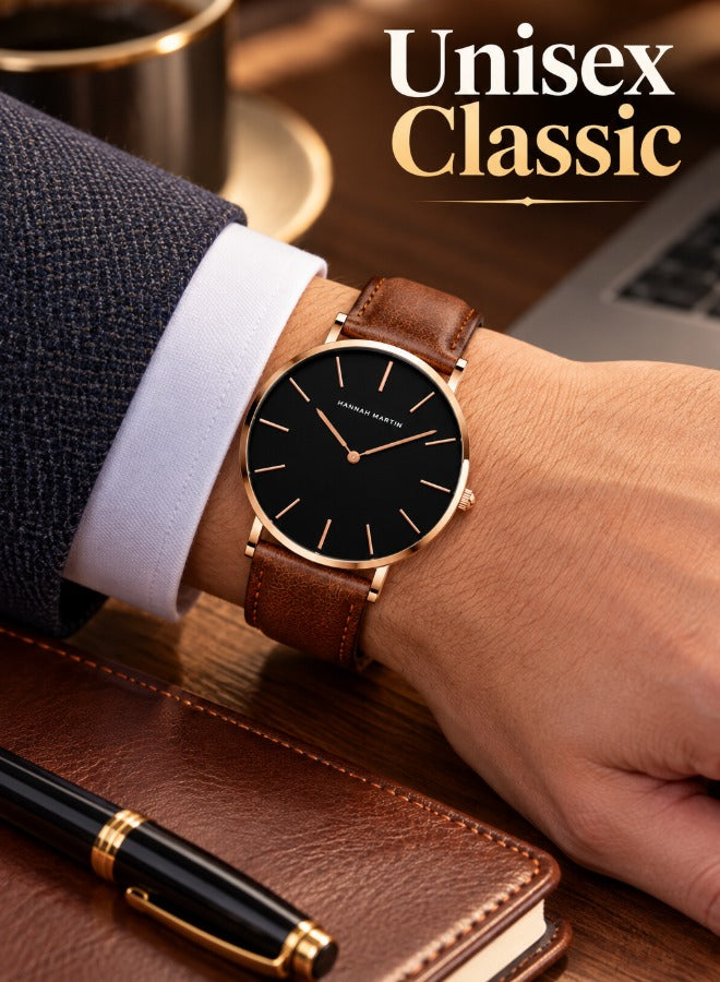 Hannah Martin Women's Leather Strap Watch Black Dial Brown Strap - photo 4