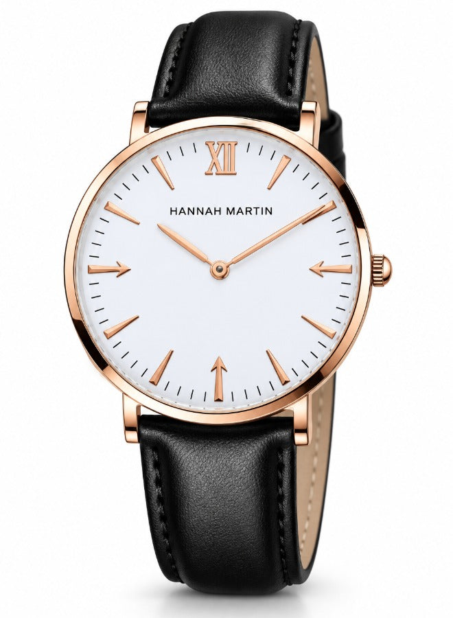 Hannah Martin Classic Leather Strap Watch Black Gold - white dial rose gold case