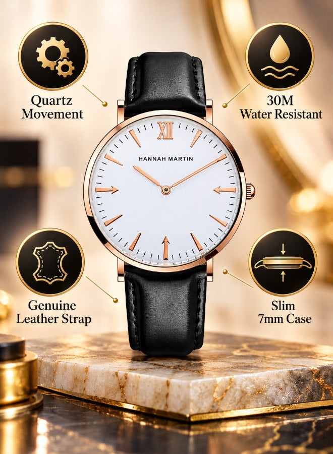 Hannah Martin watch features - quartz, 30M water resistant, leather strap, slim 7mm