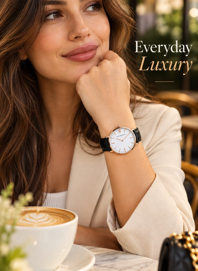 Hannah Martin leather strap watch worn by woman - Everyday Luxury
