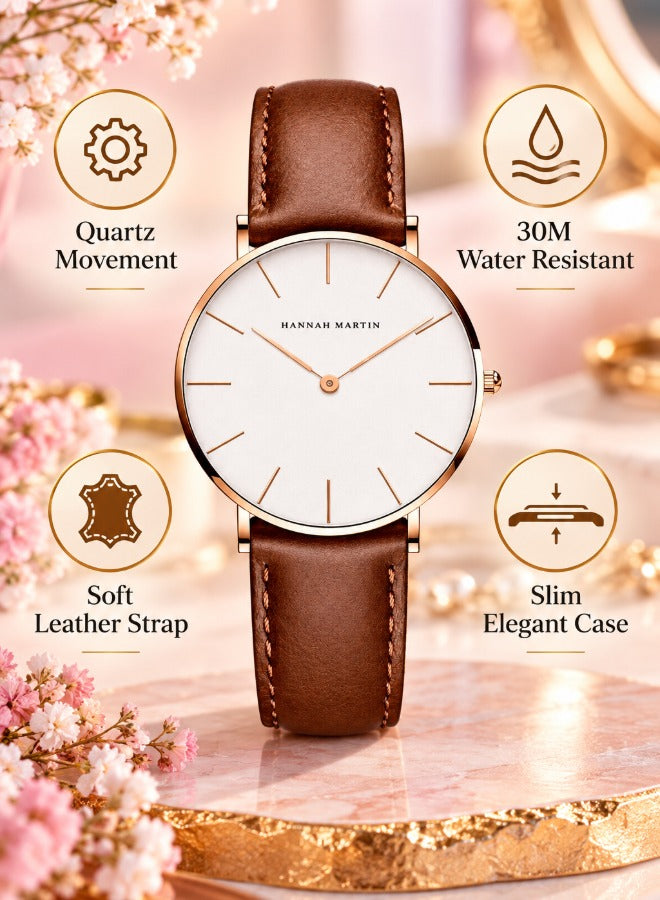Hannah Martin Women's Leather Strap Watch White Dial Tan Strap - photo 5