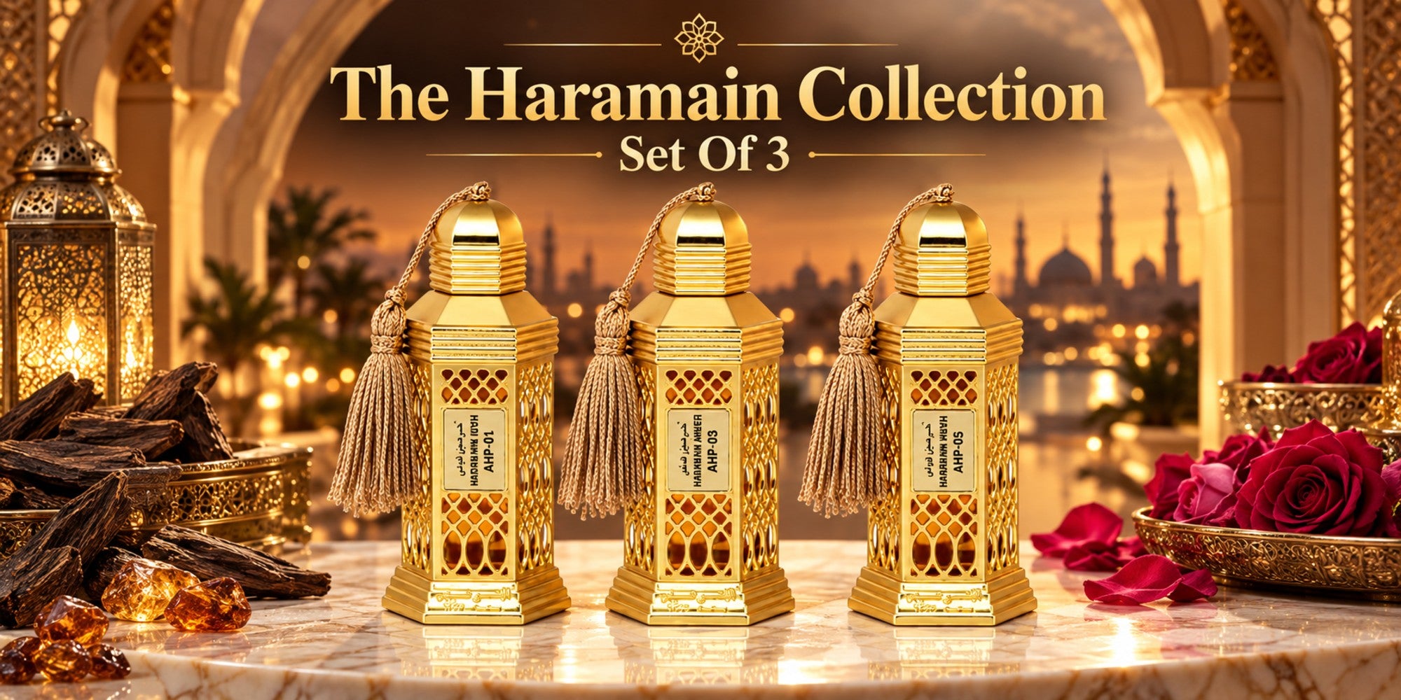 Haramain Oudi, Amber and Wardi set of 3 perfume oils 12ml