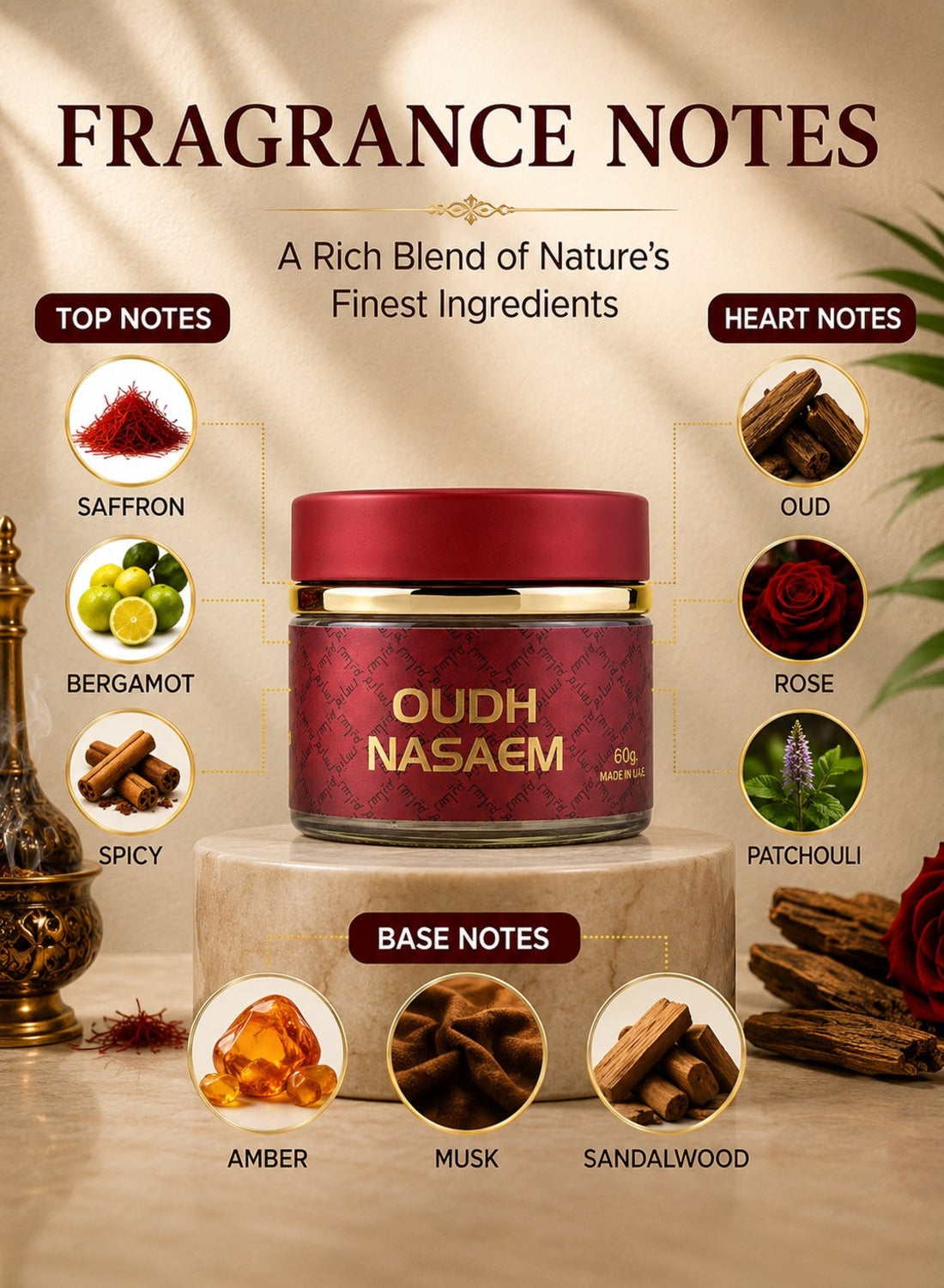 Oudh Nasaem fragrance notes – saffron, bergamot, oud, rose, amber, musk, sandalwood