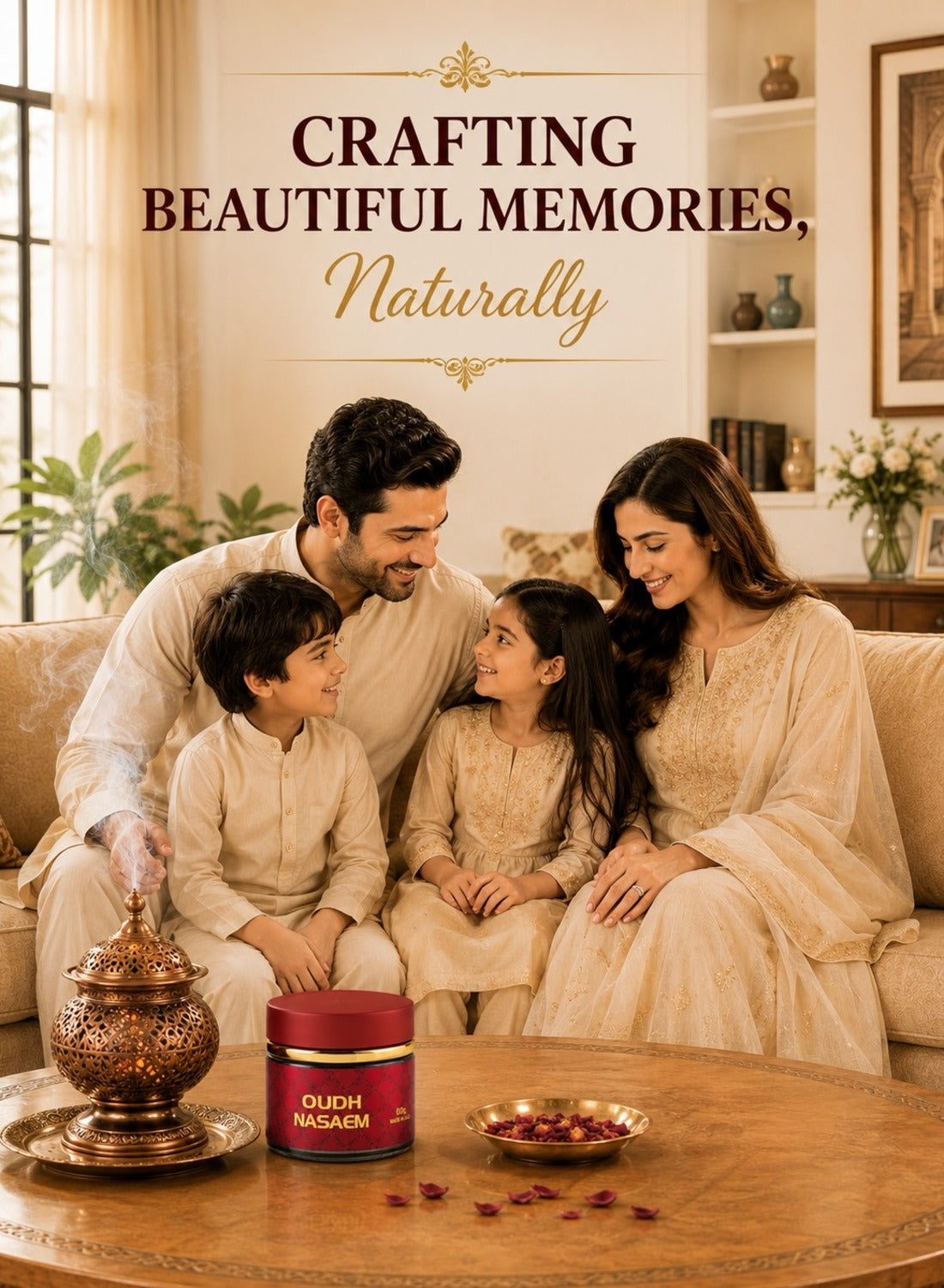 Family at home with Oudh Nasaem bakhoor burning