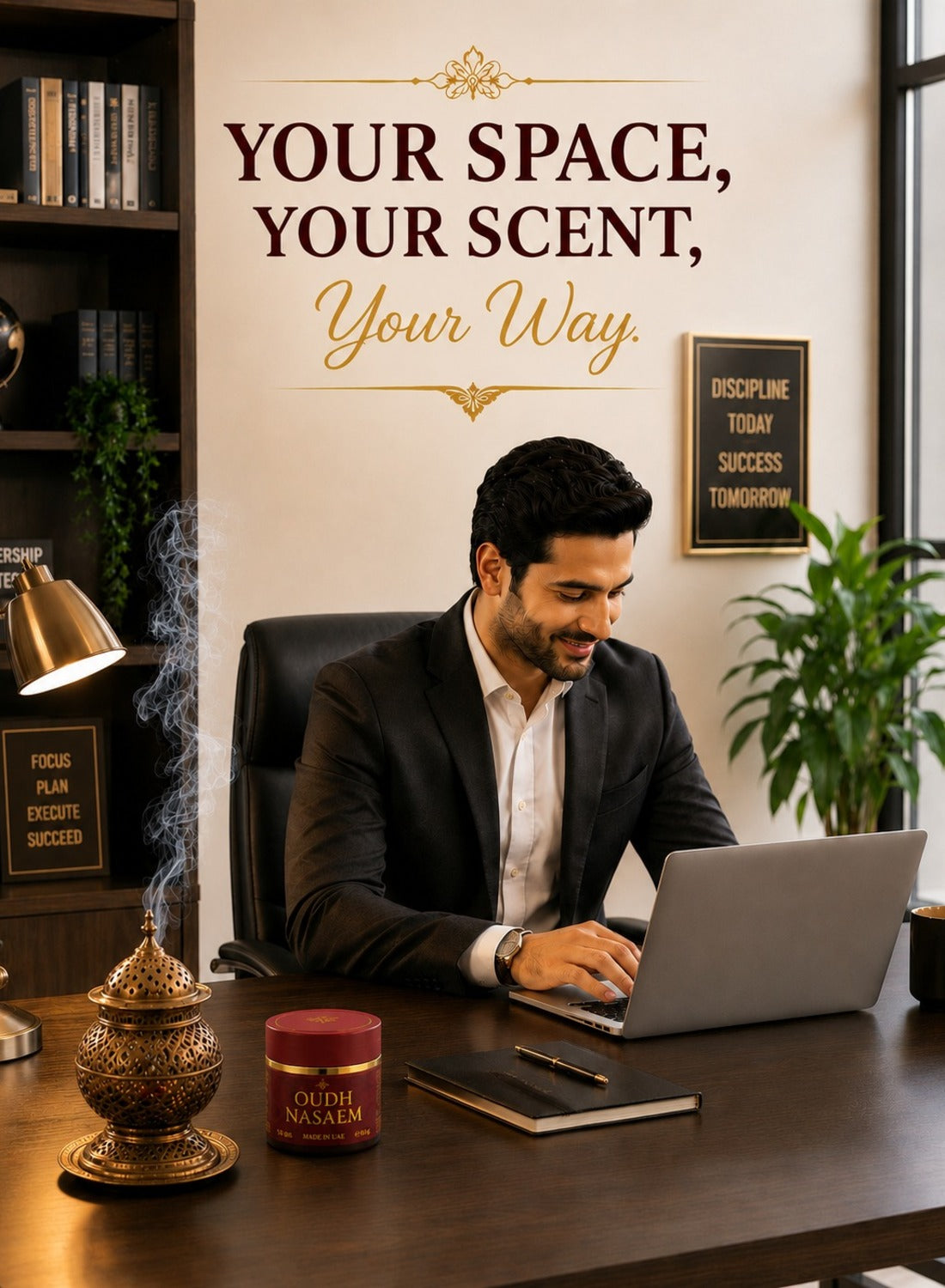 Oudh Nasaem bakhoor on an office desk