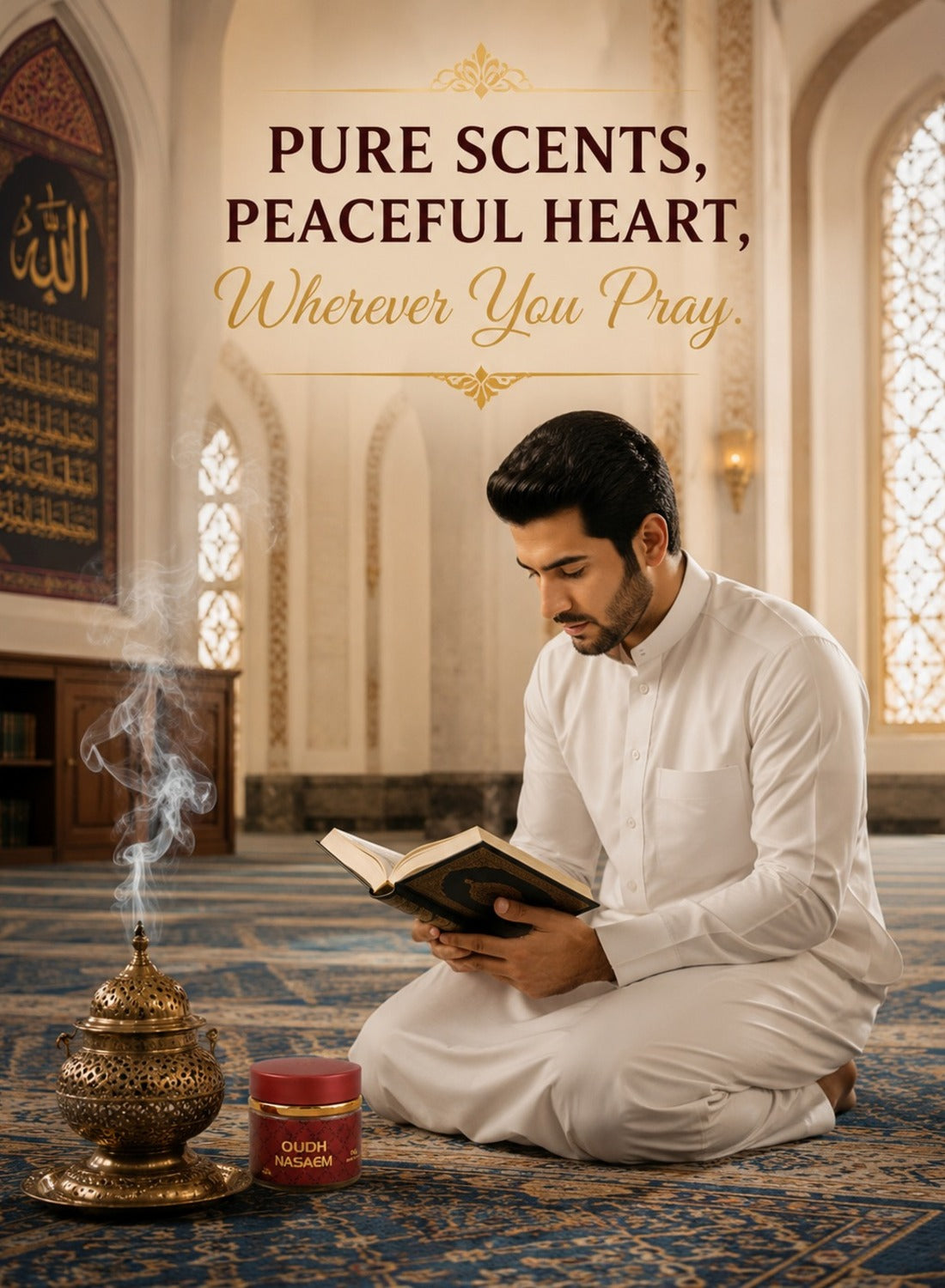 Oudh Nasaem bakhoor beside a man reading Quran in a mosque