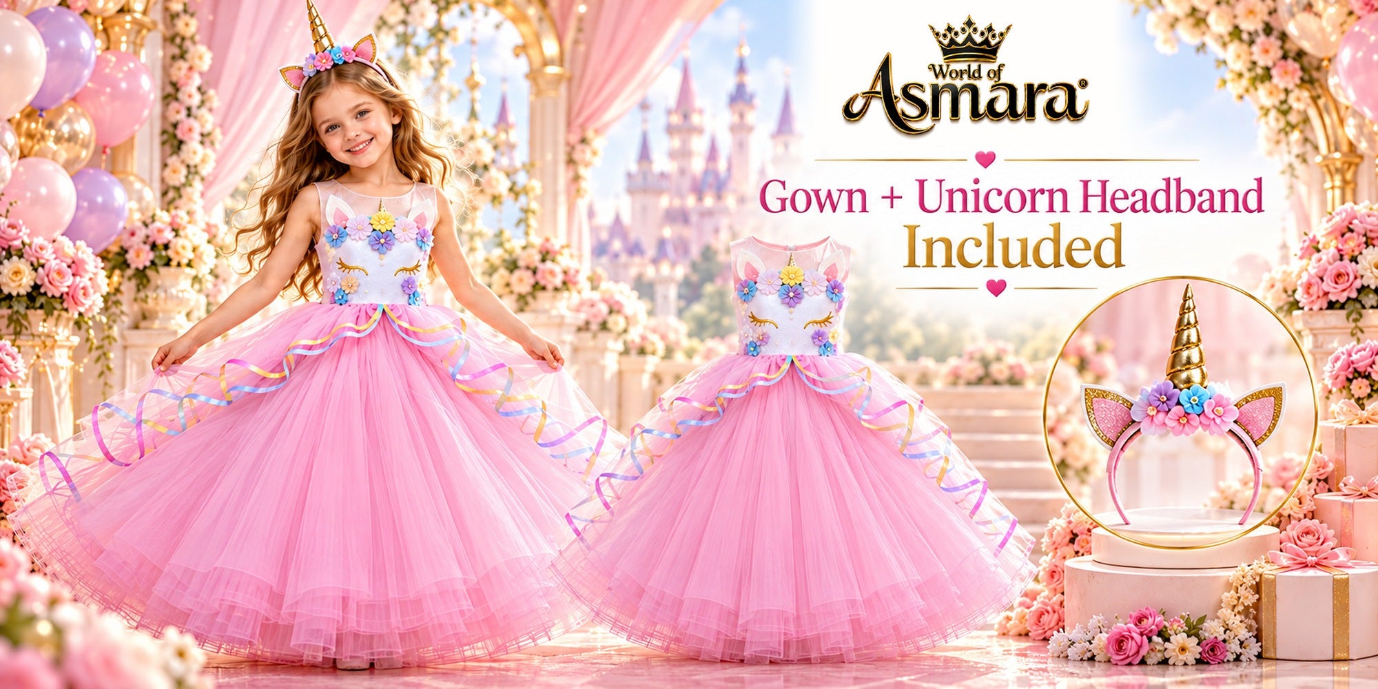Gown and unicorn headband included