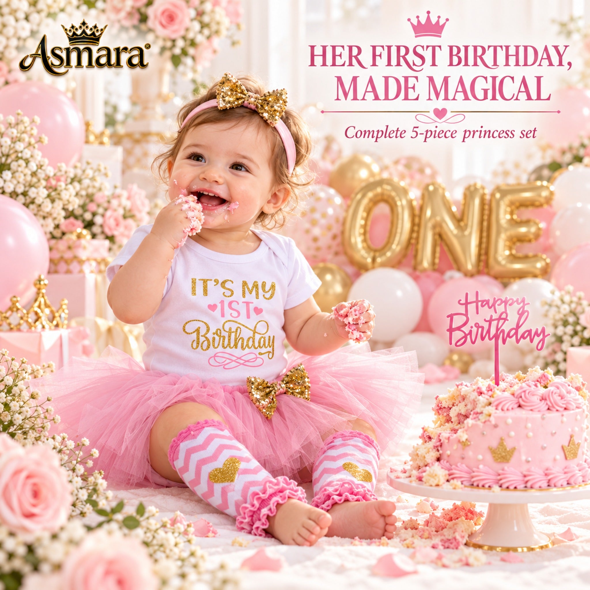 Baby girl wearing World of Asmara 1st birthday tutu outfit at cake smash