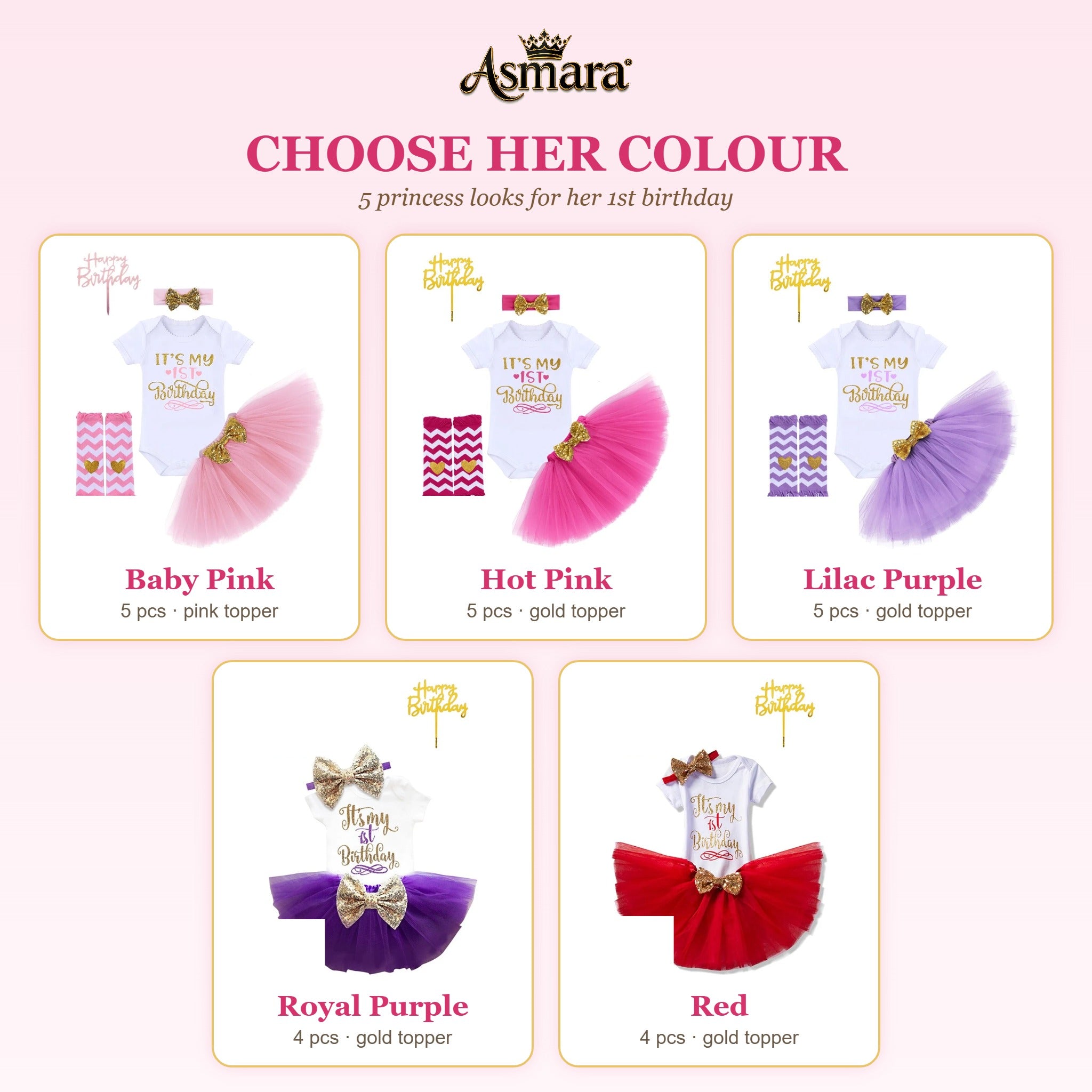 Colour options - Baby Pink, Hot Pink, Lilac Purple, Royal Purple, Red