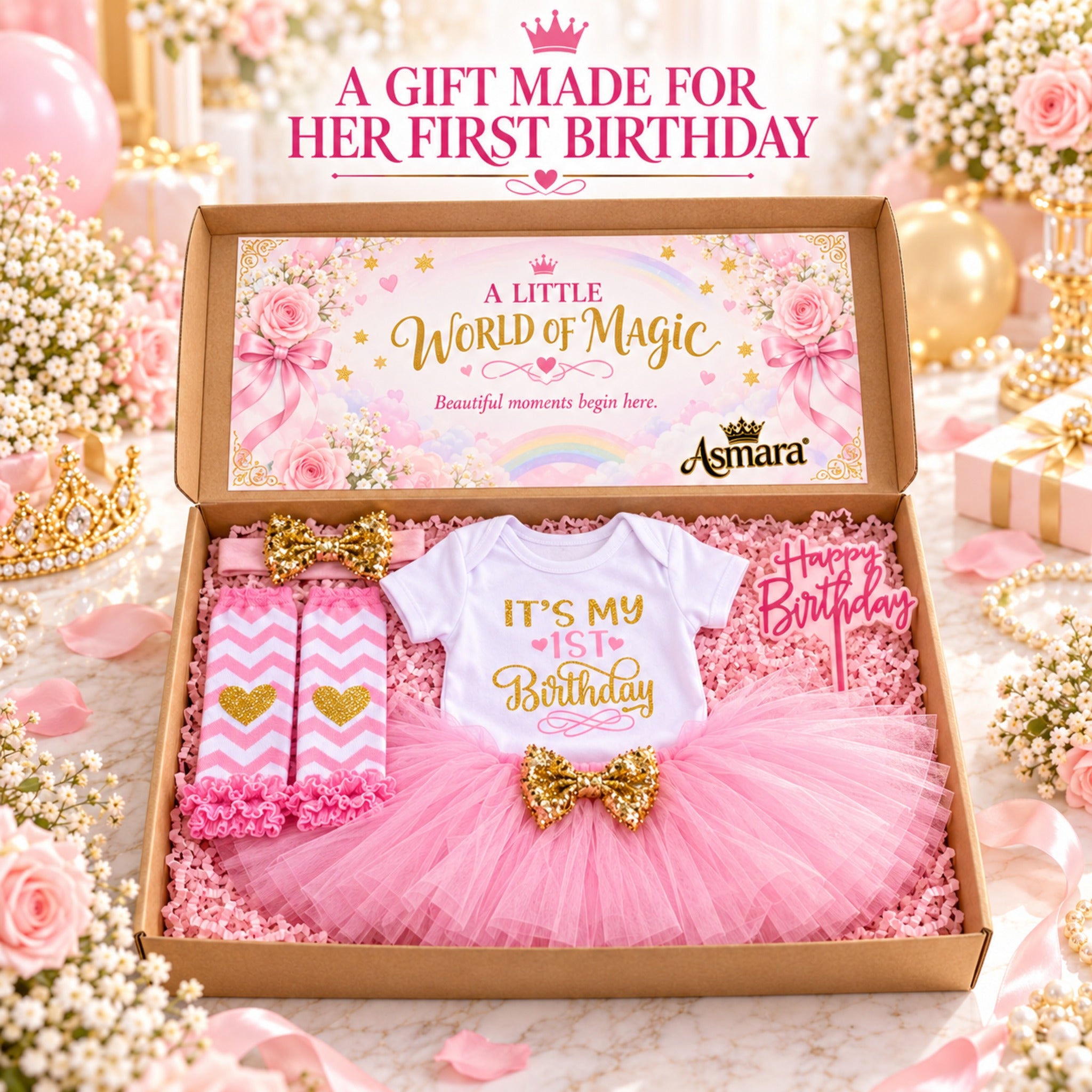 World of Asmara birthday gift box with the 1st birthday outfit
