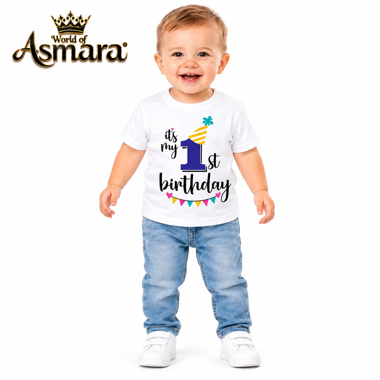 World of Asmara It's My 1st Birthday white T-shirt for boys, 1 year old model in blue jeans