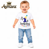 World of Asmara It's My 1st Birthday white T-shirt for boys, 1 year old model in blue jeans