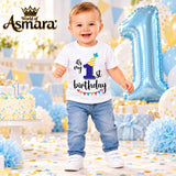 Boy wearing World of Asmara 1st birthday T-shirt at a birthday party