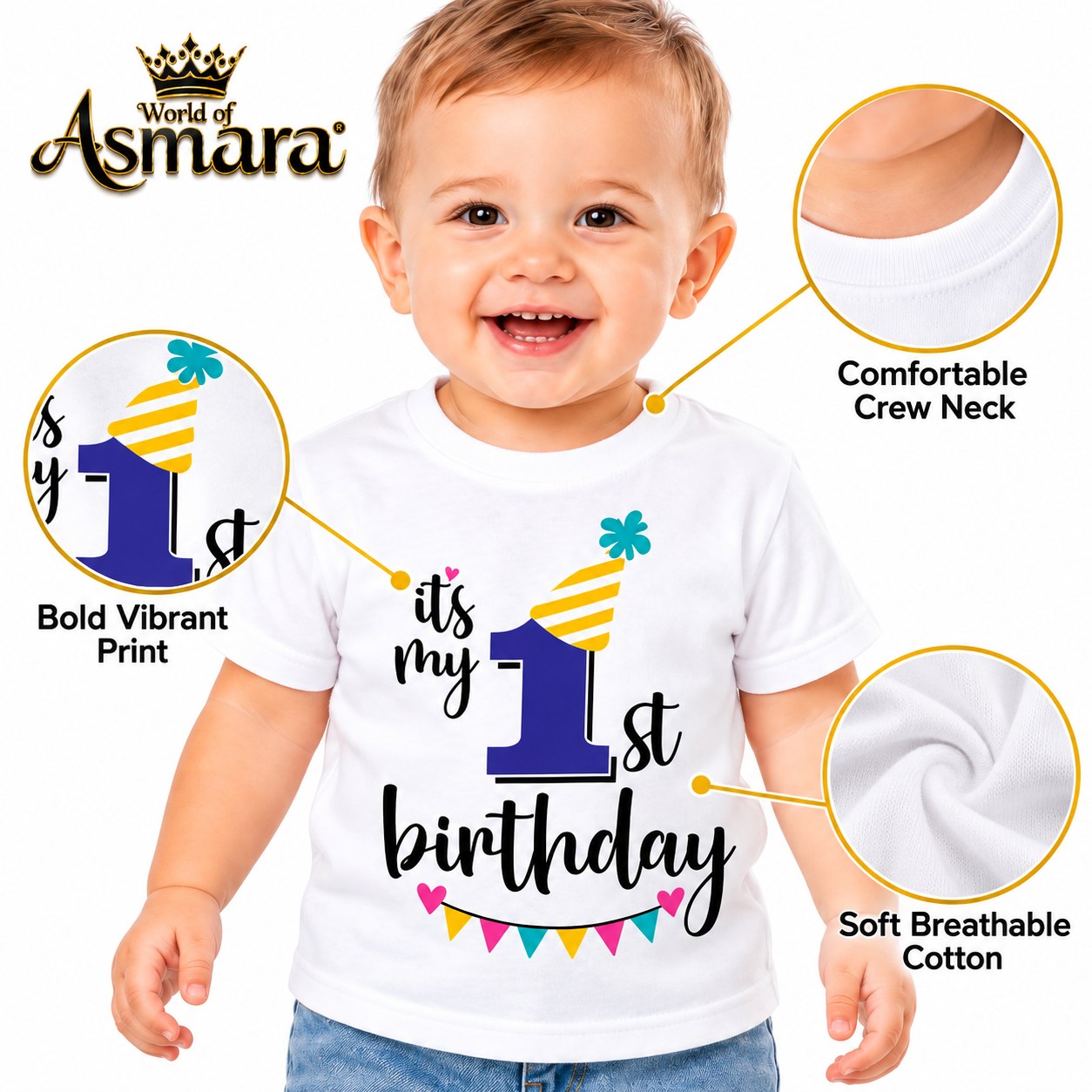 Close-up of It's My 1st Birthday print on soft cotton T-shirt