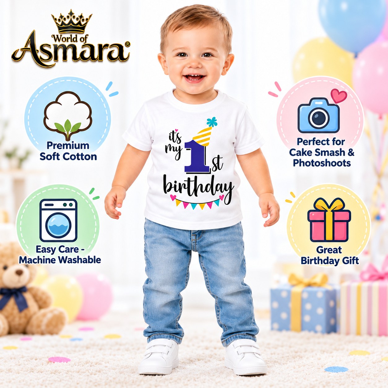 World of Asmara 1st birthday T-shirt features: soft cotton, machine washable, great gift