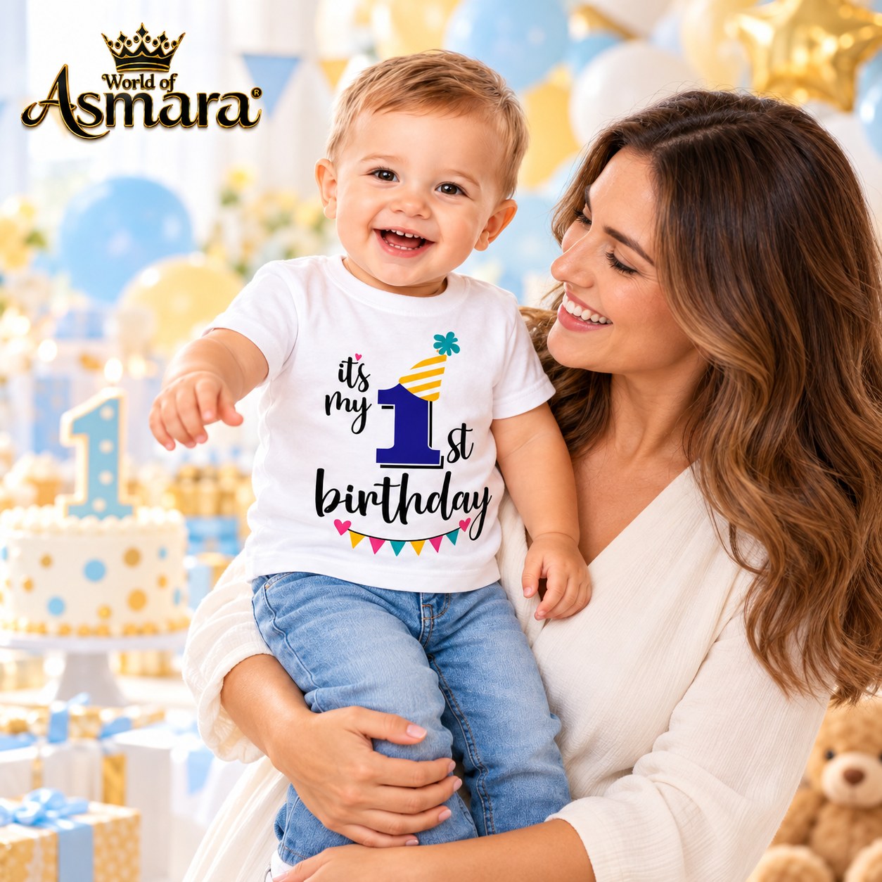 Boy celebrating 1st birthday with family in World of Asmara T-shirt