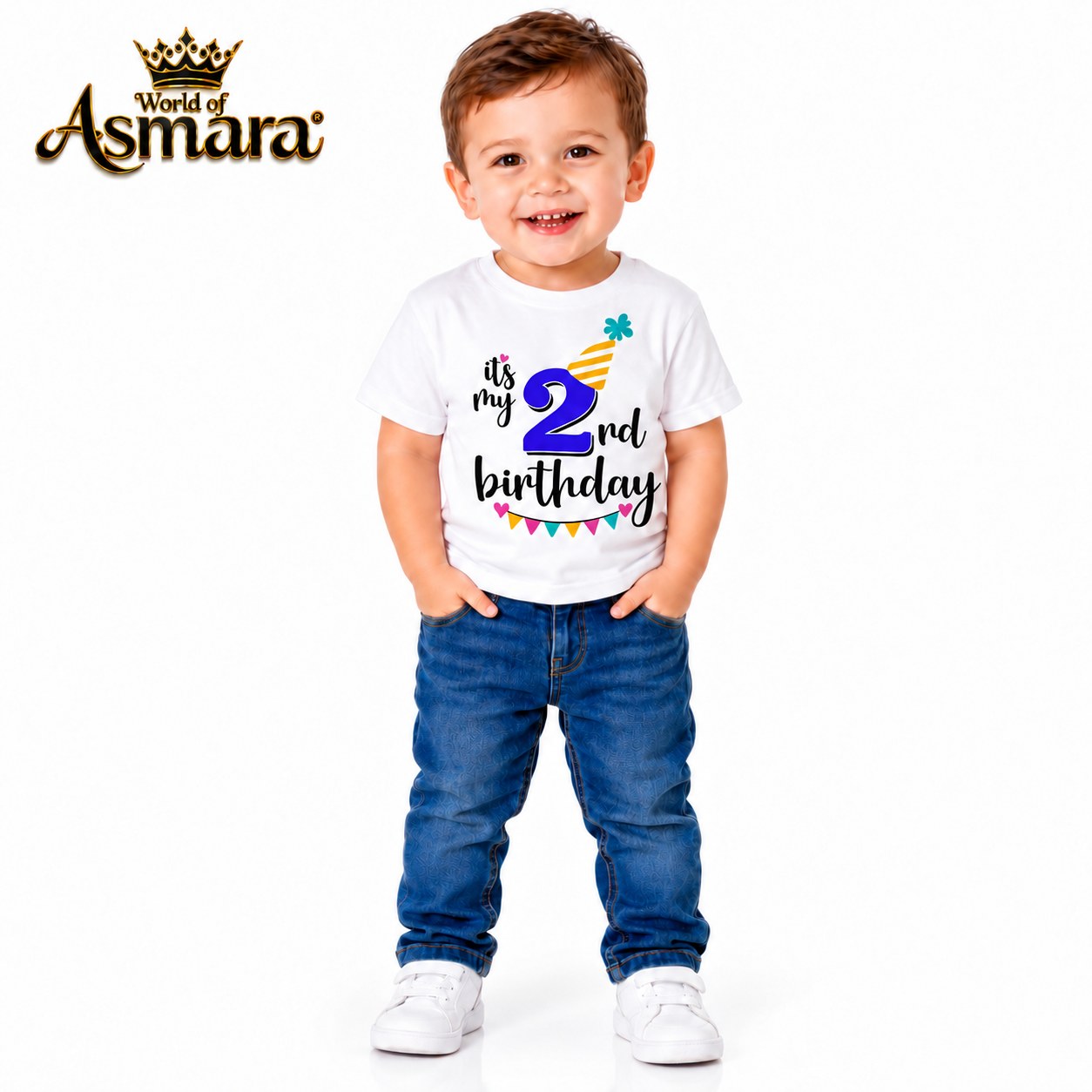 World of Asmara It's My 2nd Birthday white T-shirt for boys, 2 years old model in blue jeans