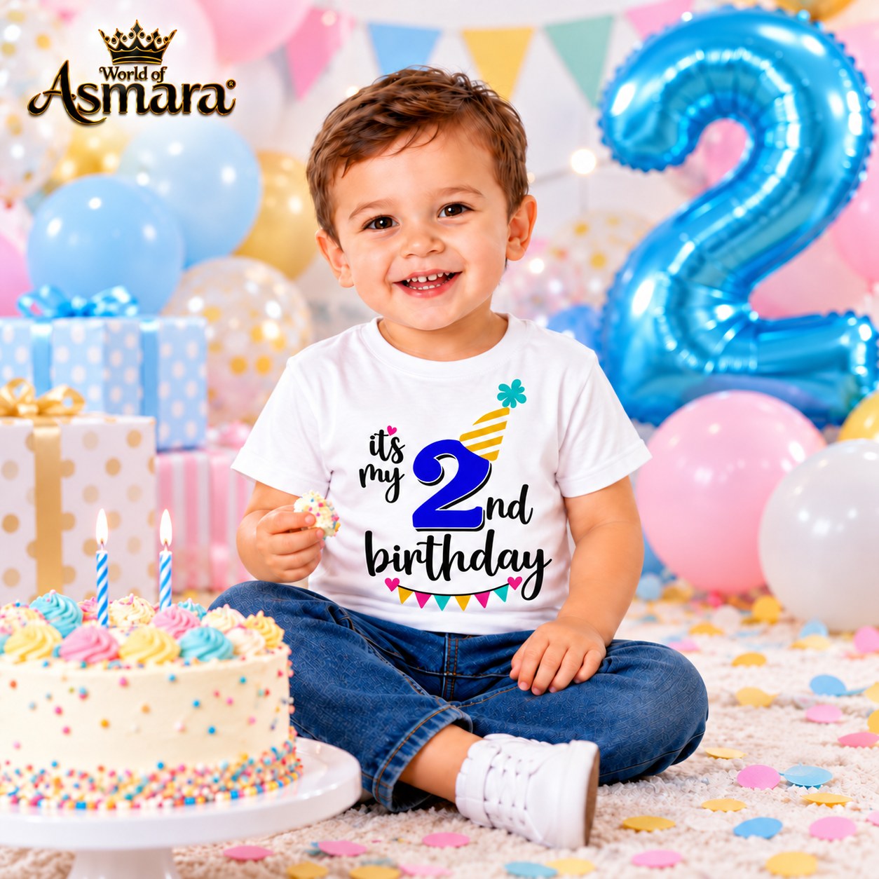 Boy wearing World of Asmara 2nd birthday T-shirt at a birthday party