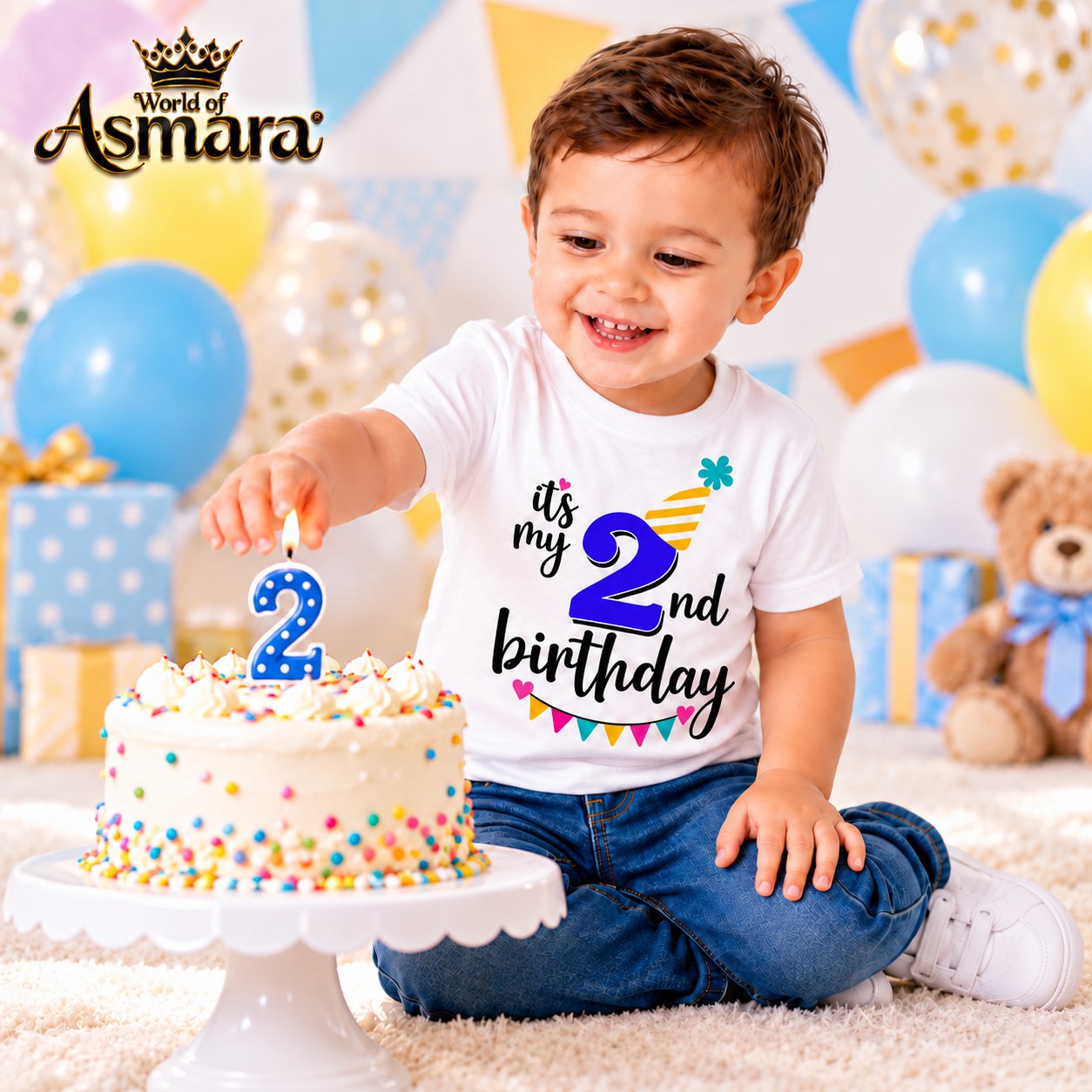2 years old boy in 2nd birthday T-shirt next to birthday cake