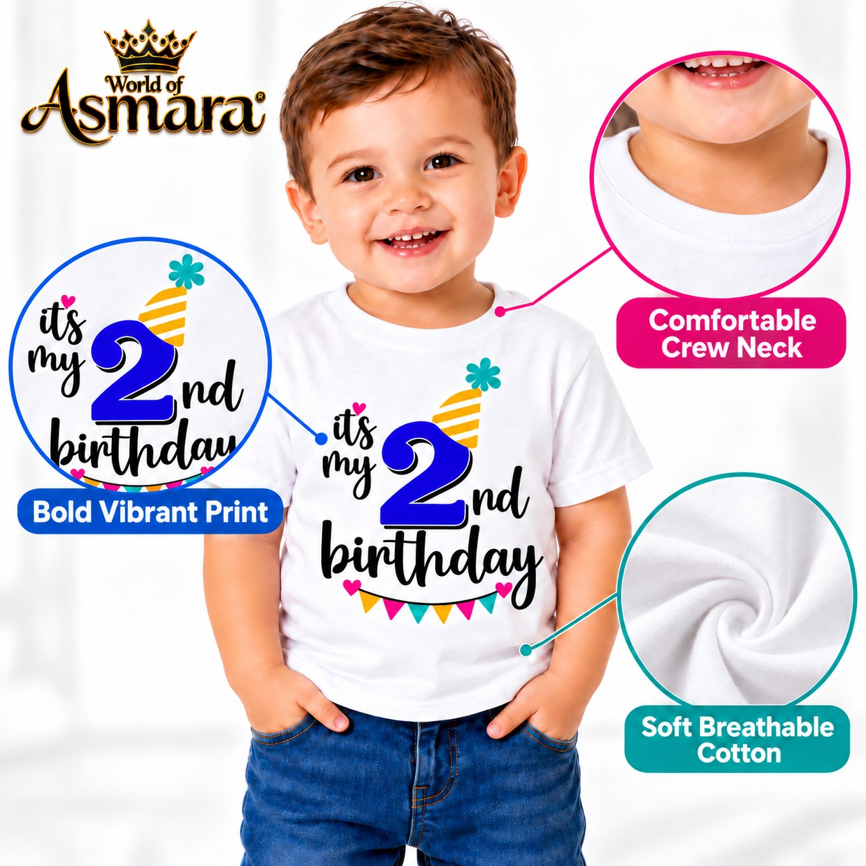 Close-up of It's My 2nd Birthday print on soft cotton T-shirt