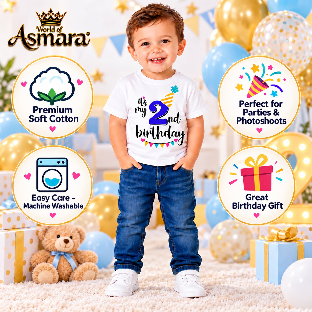 World of Asmara 2nd birthday T-shirt features: soft cotton, machine washable, great gift