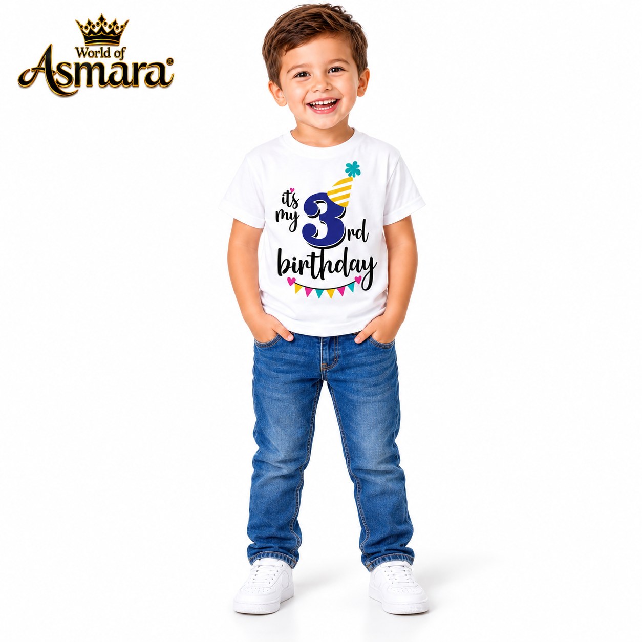 World of Asmara It's My 3rd Birthday white T-shirt for boys, 3 years old model in blue jeans