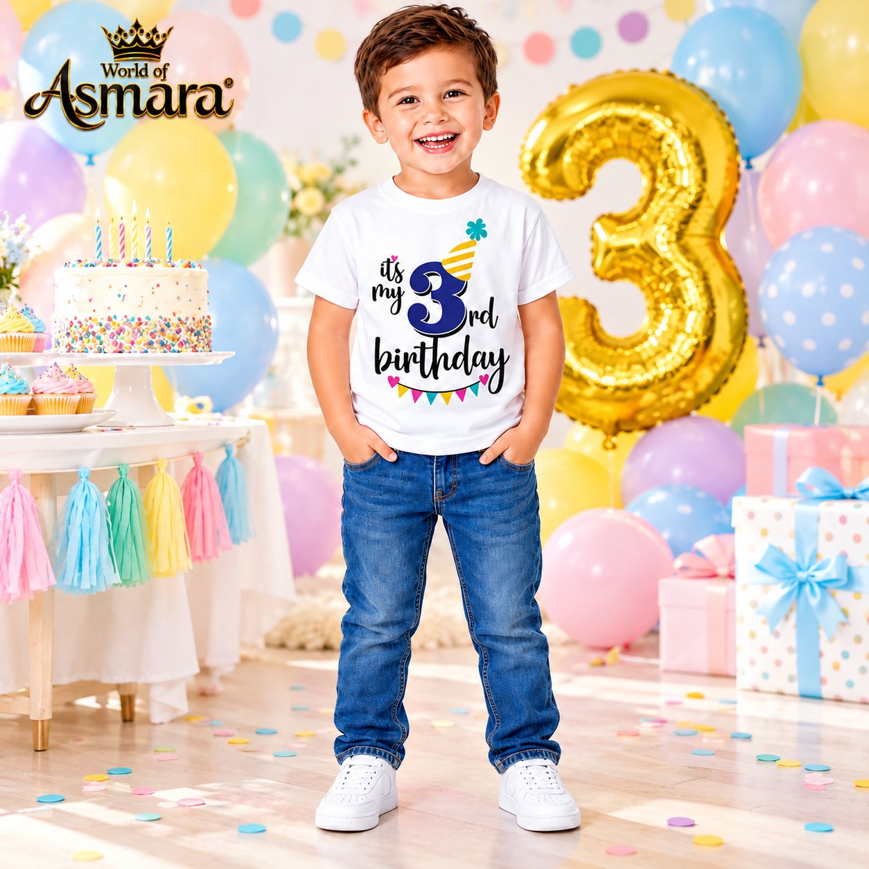 Boy wearing World of Asmara 3rd birthday T-shirt at a birthday party