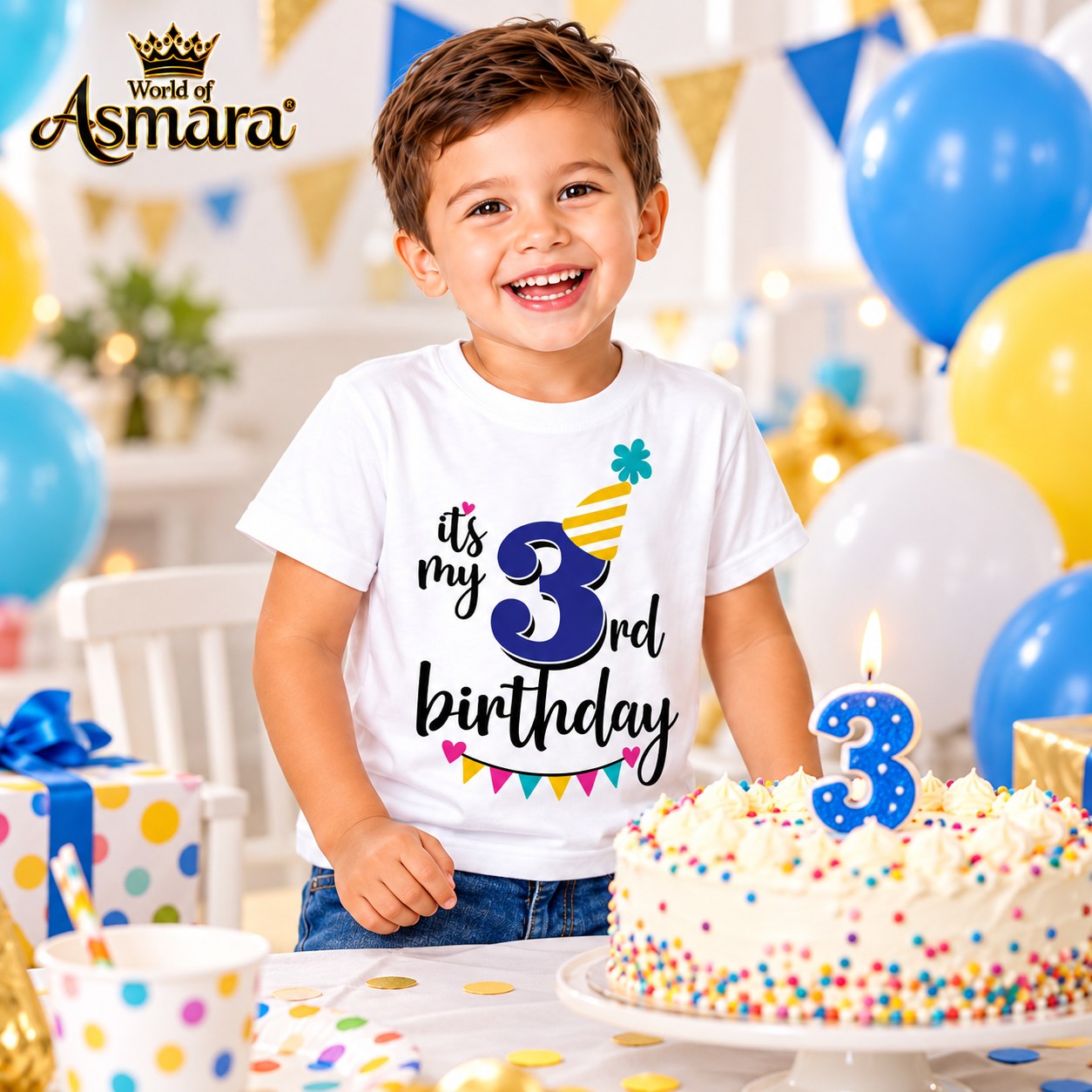 3 years old boy in 3rd birthday T-shirt next to birthday cake