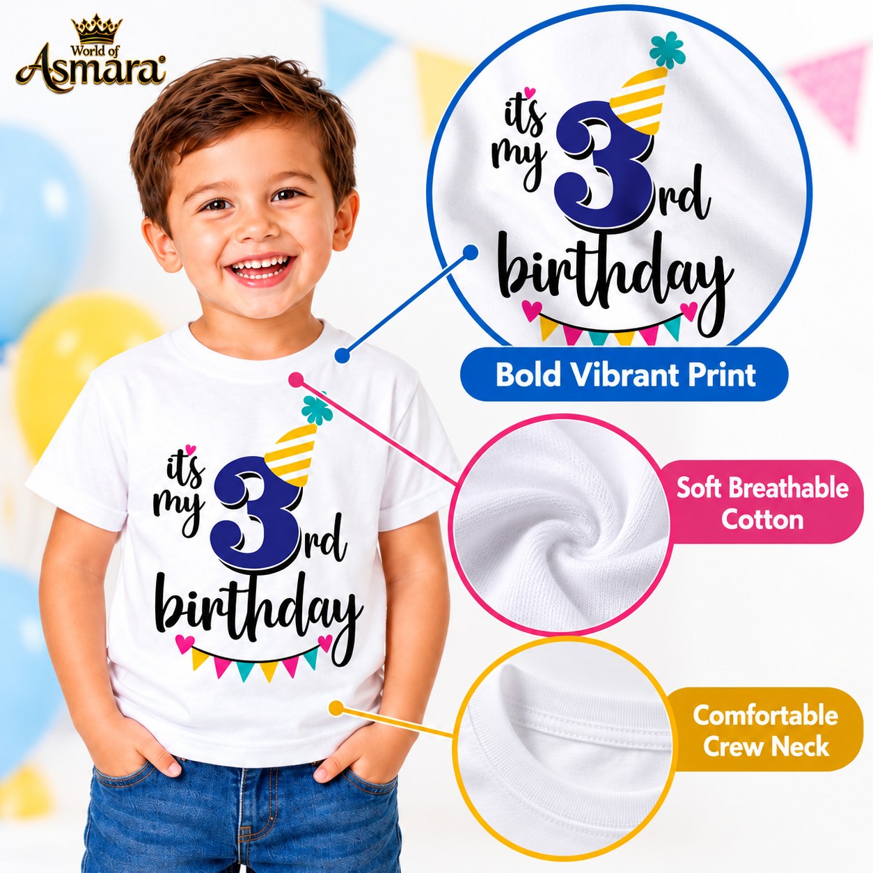 Close-up of It's My 3rd Birthday print on soft cotton T-shirt