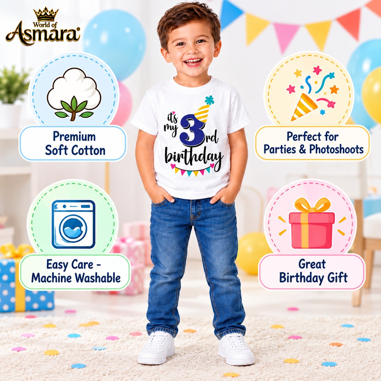 World of Asmara 3rd birthday T-shirt features: soft cotton, machine washable, great gift
