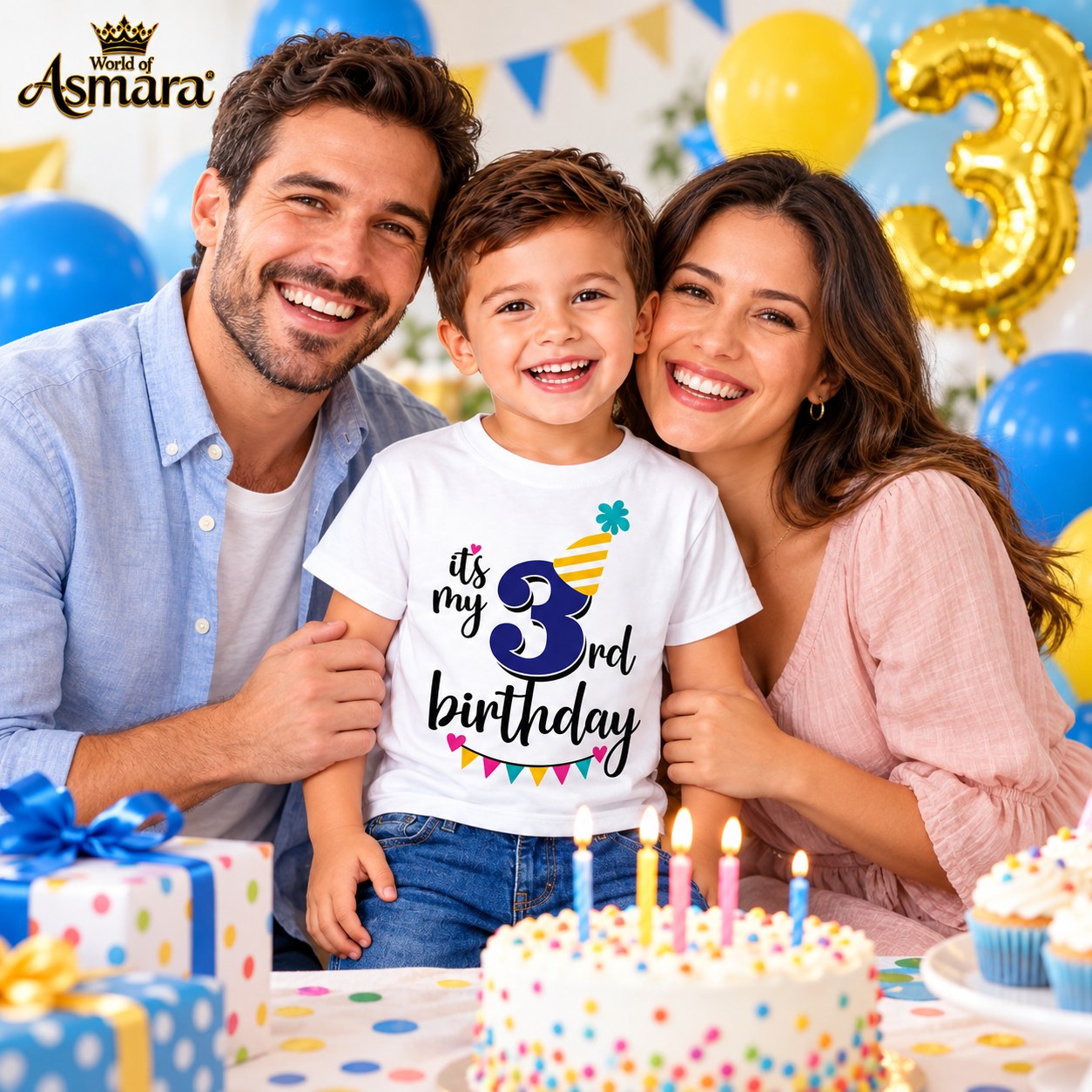 Boy celebrating 3rd birthday with family in World of Asmara T-shirt