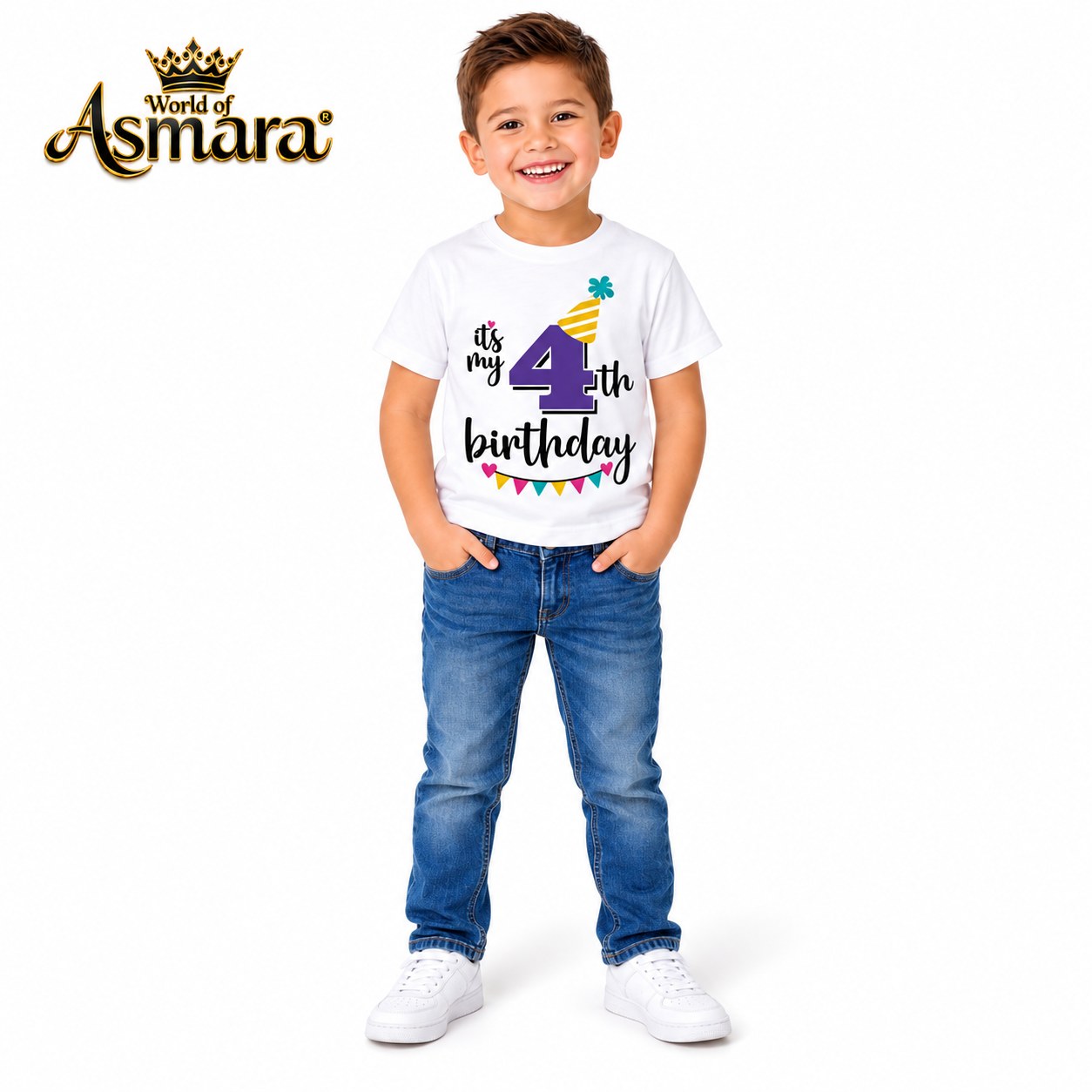 World of Asmara It's My 4th Birthday white T-shirt for boys, 4 years old model in blue jeans