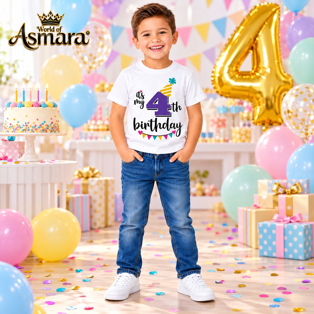 Boy wearing World of Asmara 4th birthday T-shirt at a birthday party