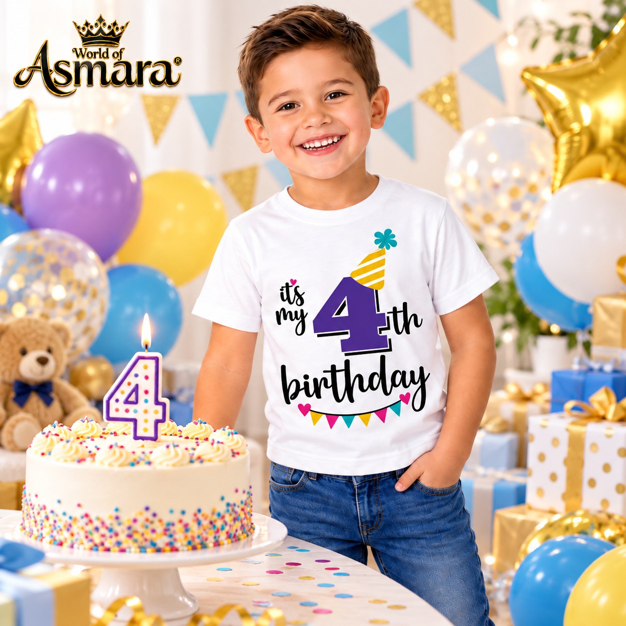 4 years old boy in 4th birthday T-shirt next to birthday cake