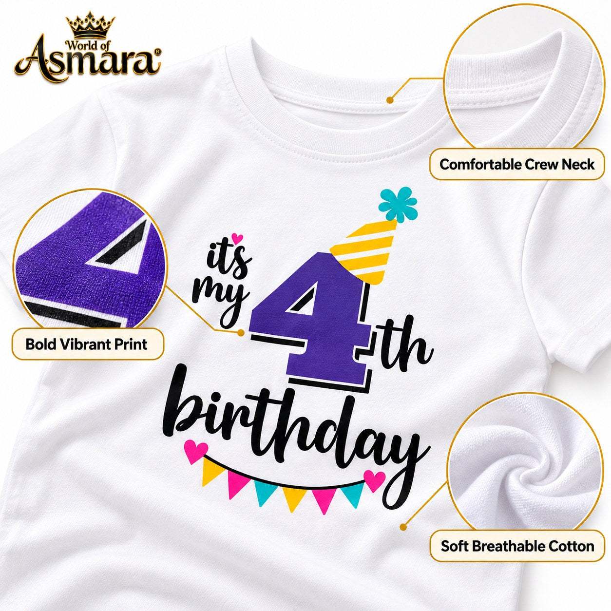 Close-up of It's My 4th Birthday print on soft cotton T-shirt