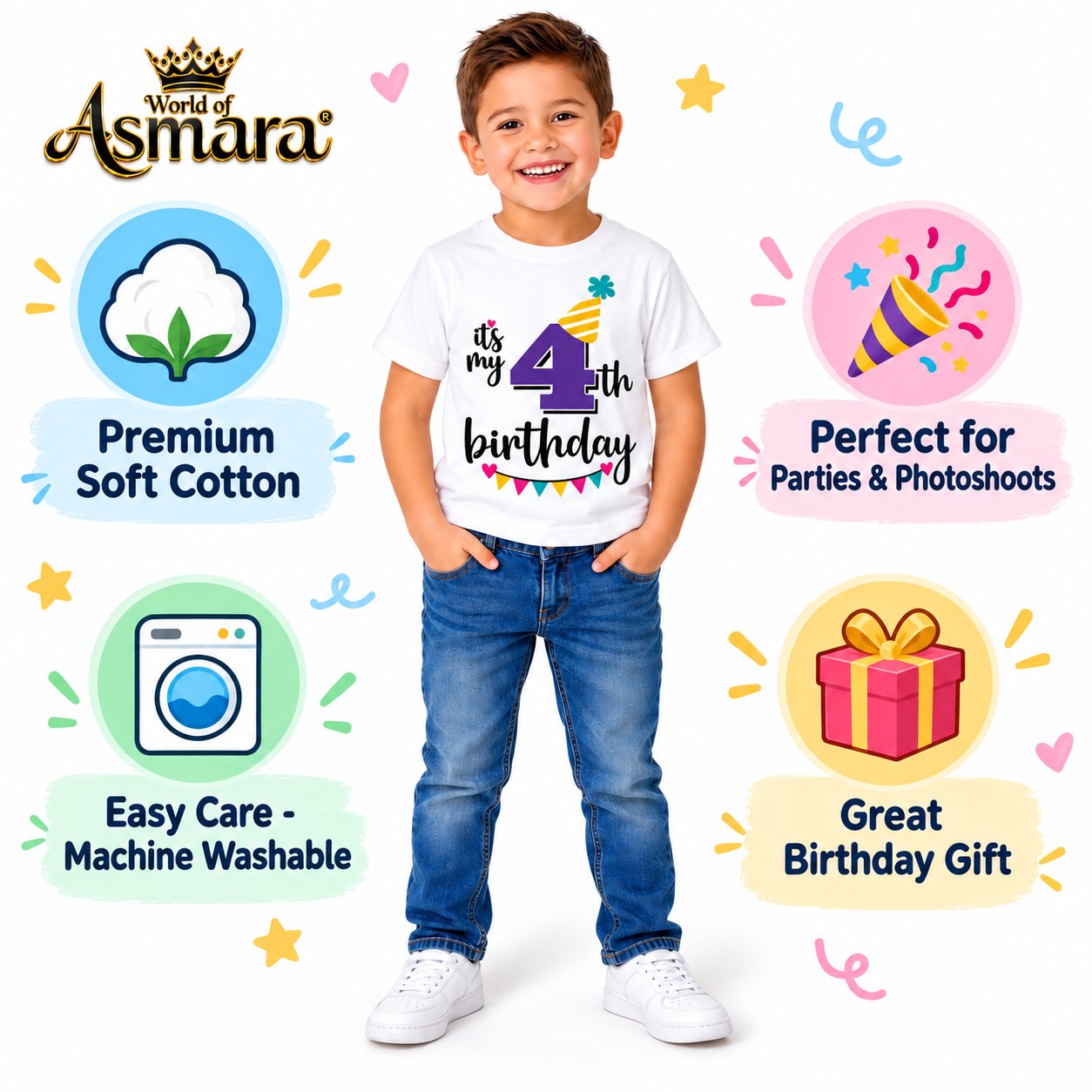 World of Asmara 4th birthday T-shirt features: soft cotton, machine washable, great gift