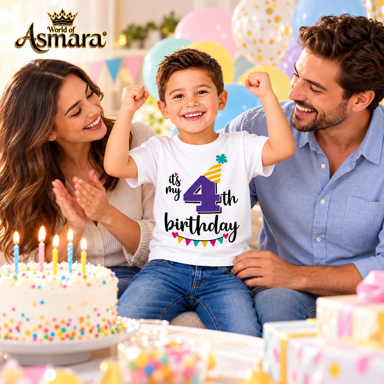 Boy celebrating 4th birthday with family in World of Asmara T-shirt