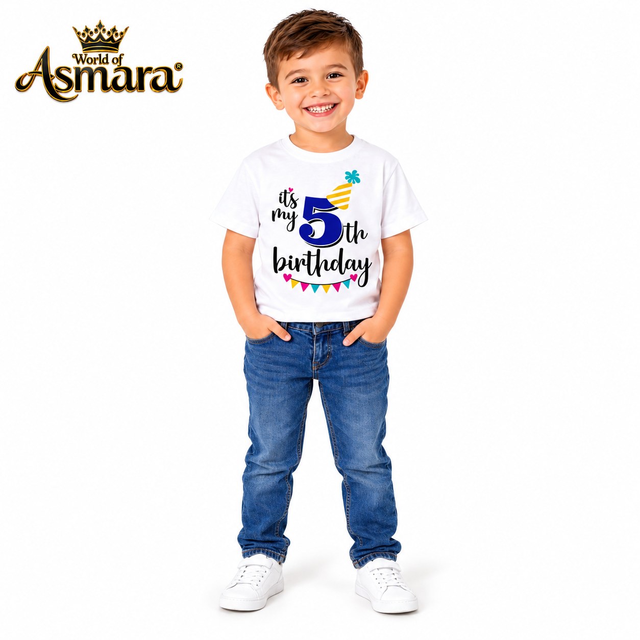 World of Asmara It's My 5th Birthday white T-shirt for boys, 5 years old model in blue jeans