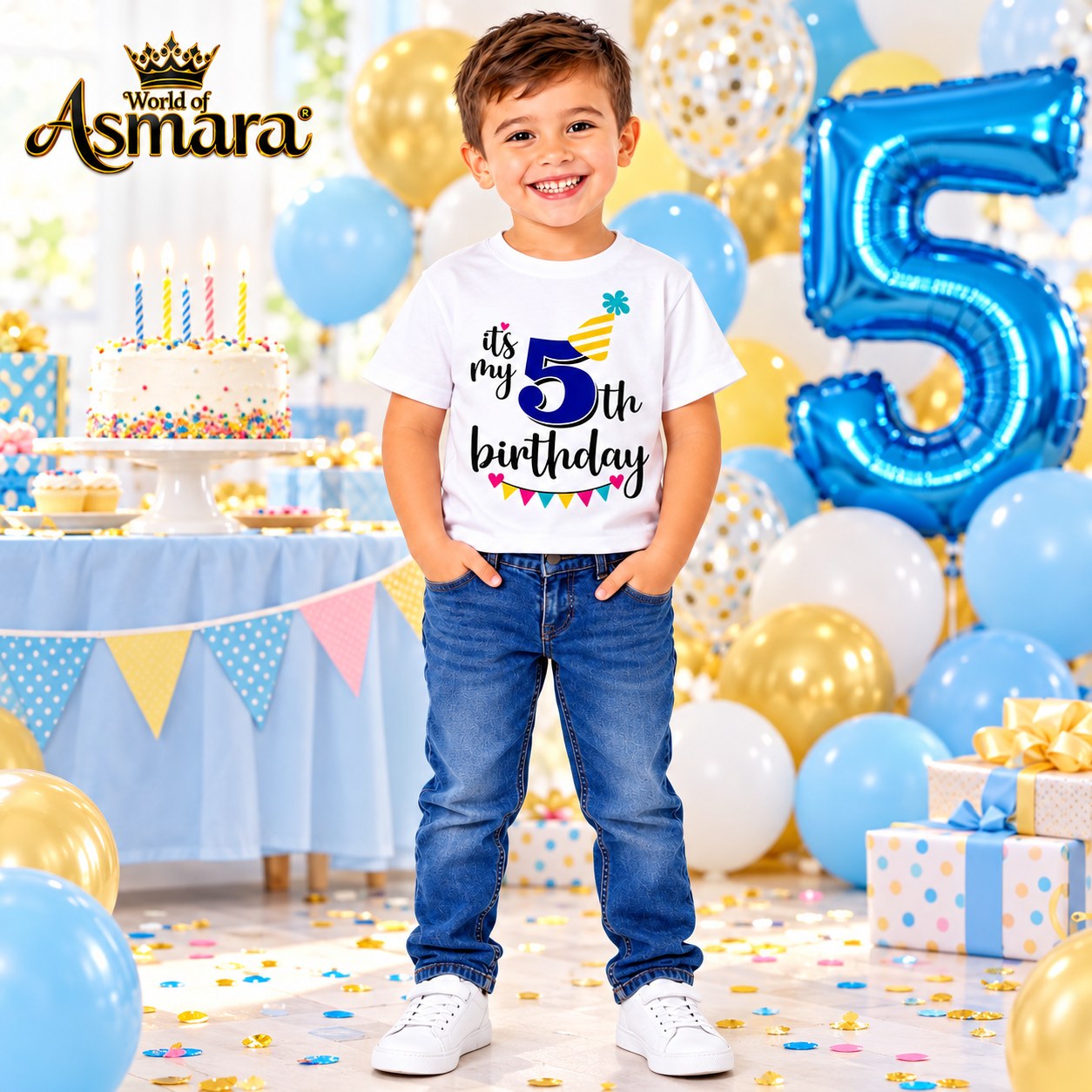 Boy wearing World of Asmara 5th birthday T-shirt at a birthday party