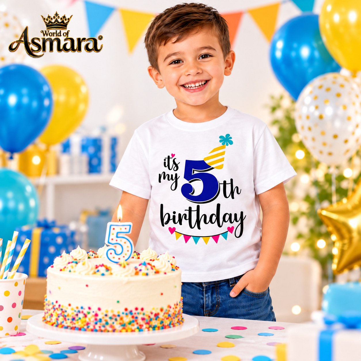 5 years old boy in 5th birthday T-shirt next to birthday cake