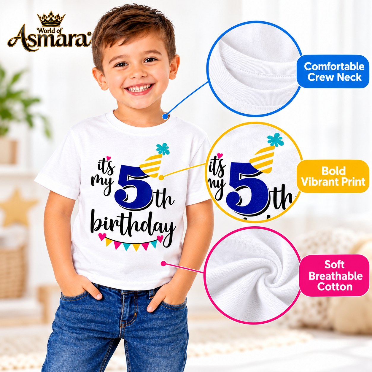 Close-up of It's My 5th Birthday print on soft cotton T-shirt