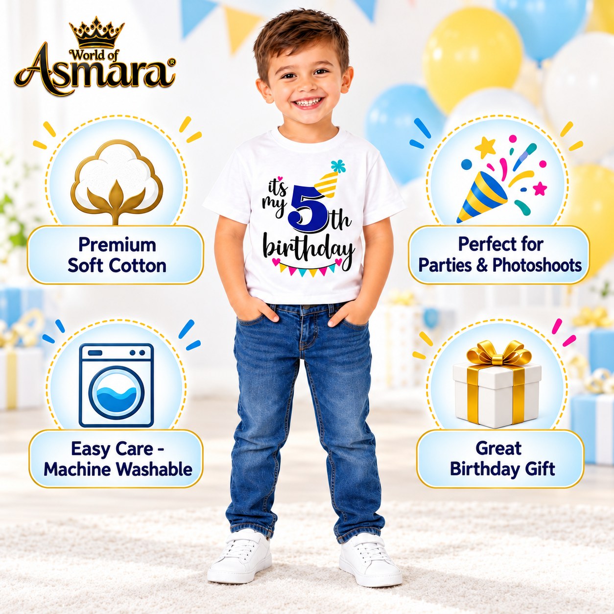 World of Asmara 5th birthday T-shirt features: soft cotton, machine washable, great gift