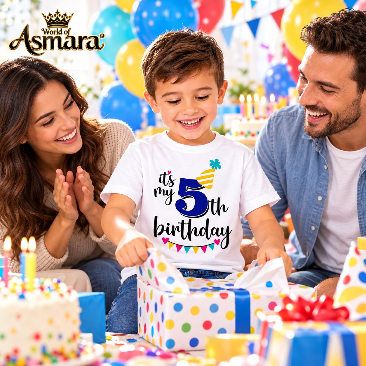 Boy celebrating 5th birthday with family in World of Asmara T-shirt