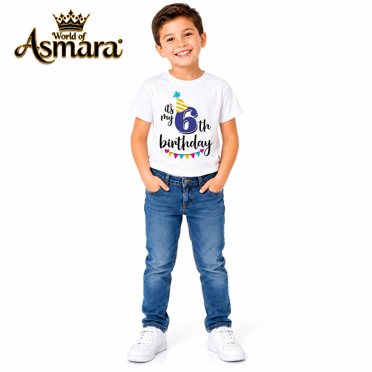 World of Asmara It's My 6th Birthday white T-shirt for boys, 6 years old model in blue jeans