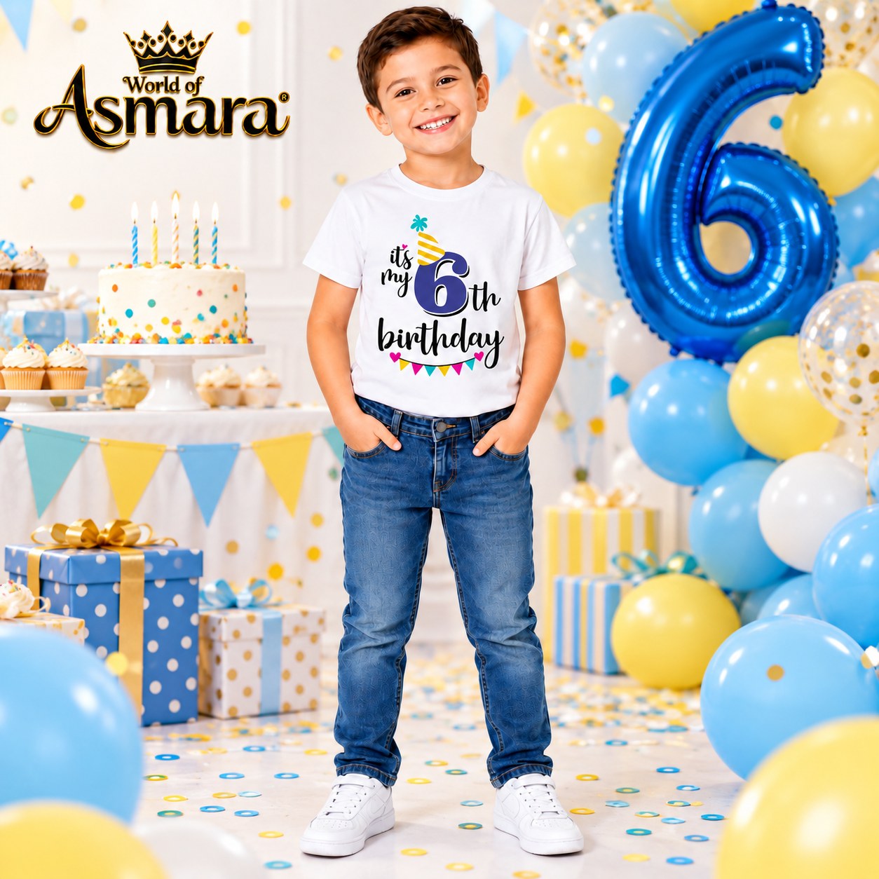 Boy wearing World of Asmara 6th birthday T-shirt at a birthday party