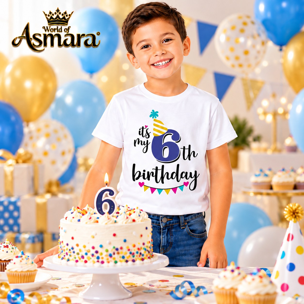 6 years old boy in 6th birthday T-shirt next to birthday cake